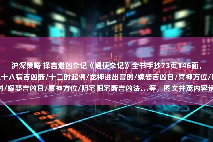 沪深策略 择吉避凶杂记《通便杂记》全书手抄73页146面，涉各方吉山/二十四山放水/二十八宿吉凶断/十二时起例/龙神进出宫时/嫁娶吉凶日/喜神方位/阴宅阳宅断吉凶法…等，图文并茂内容诸多……